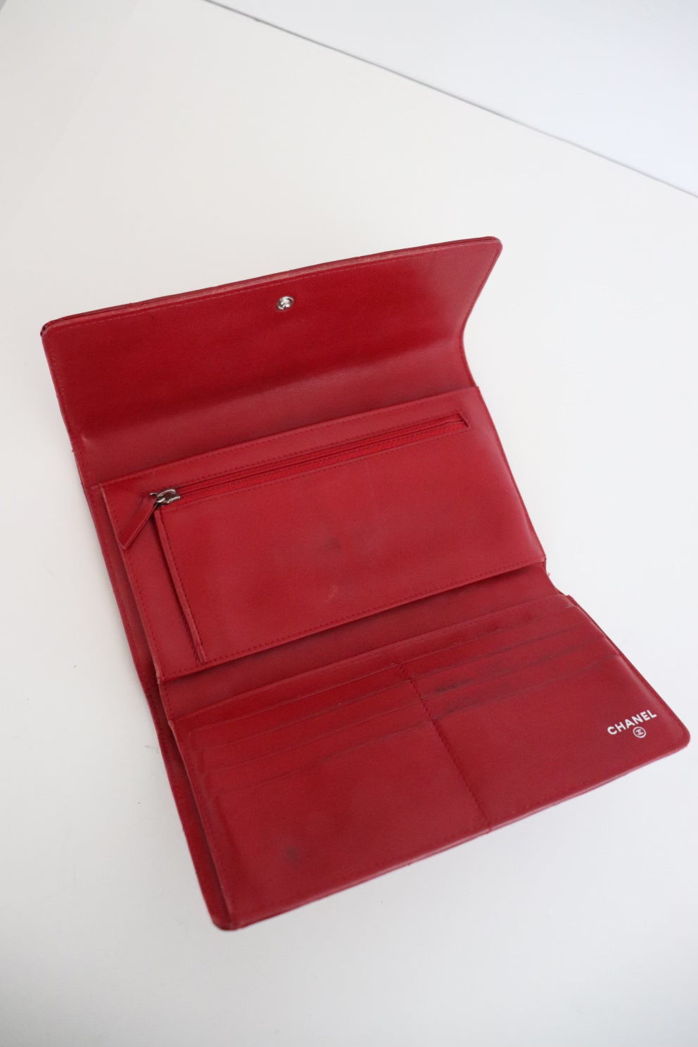 Chanel red quilted patent leather wallet