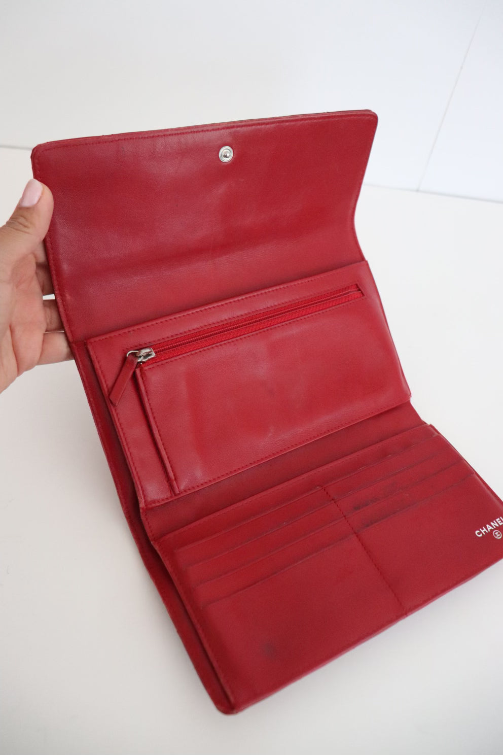 Chanel red quilted patent leather wallet