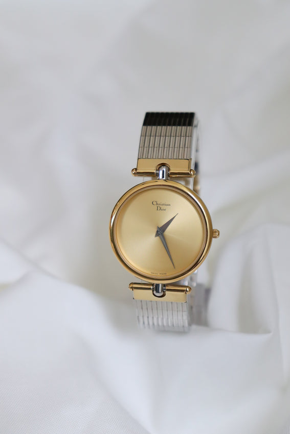 Christian Dior 1990s Golden Dial Round Two Tone Watch