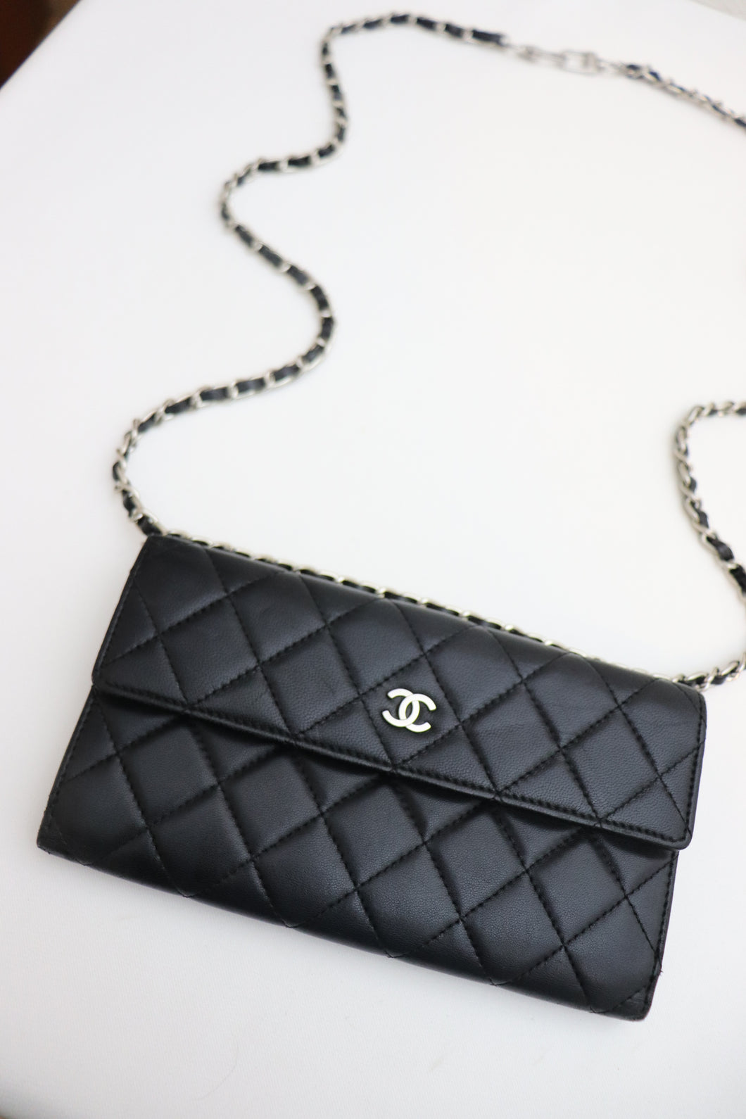 CHANEL Lambskin Quilted Long Flap Wallet Black