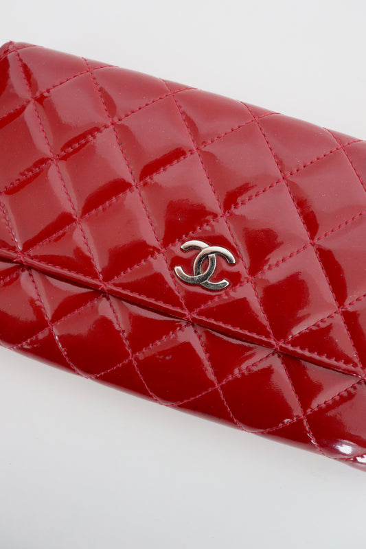 Chanel red quilted patent leather wallet