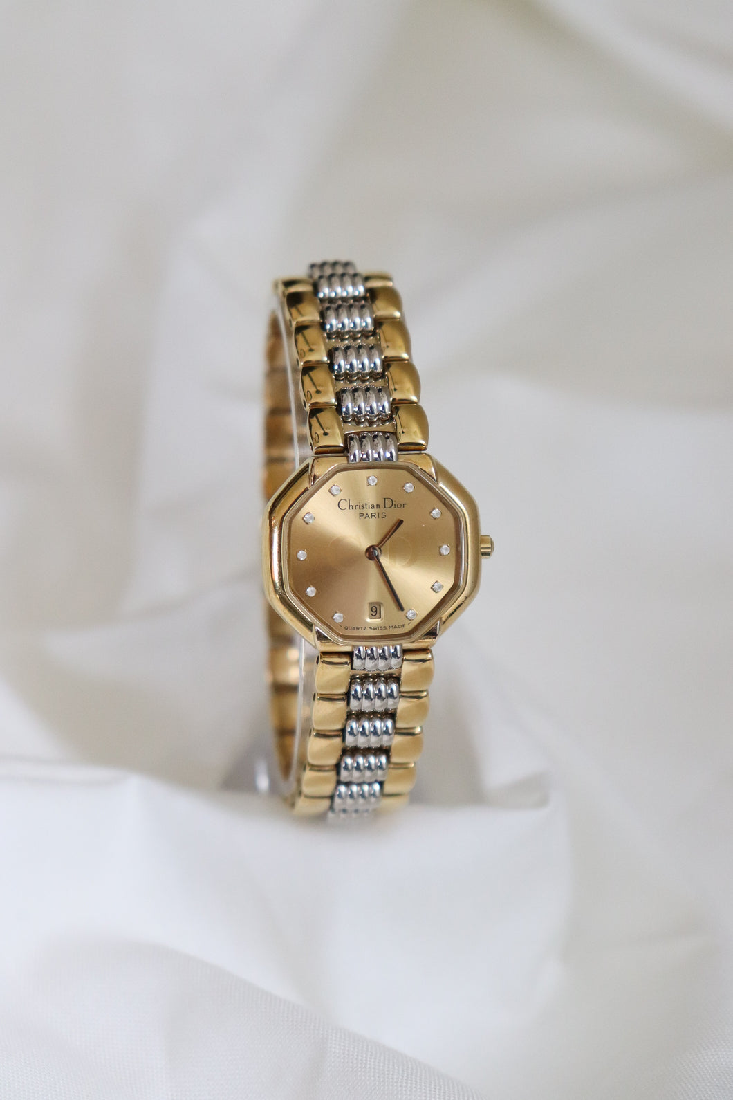 Vintage Christian Dior CD 11P Diamonds Depose Octagon Gold and Silver Quartz Watch