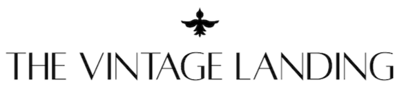 Logo of 'The Vintage Landing' with a decorative element on a white background